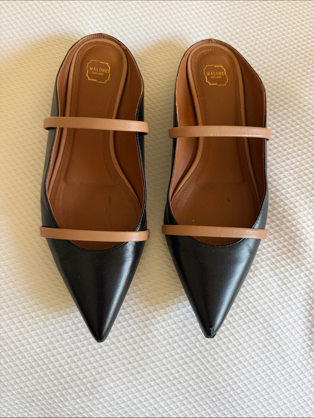 Malone Souliers Black Leather Pointed-Toe Mules with Tan Straps